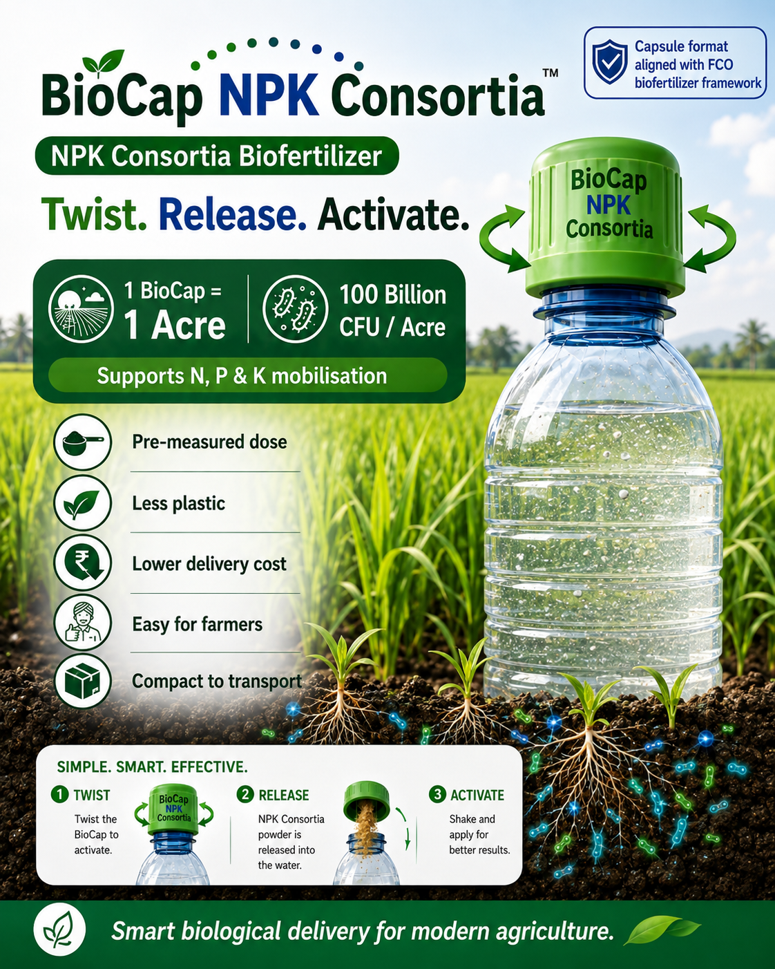 BIOCAP NPK CONSORTIA | NPK Mobilizing Biofertilizer | 100 Billion CFU/Acre | Smart Capsule Technology