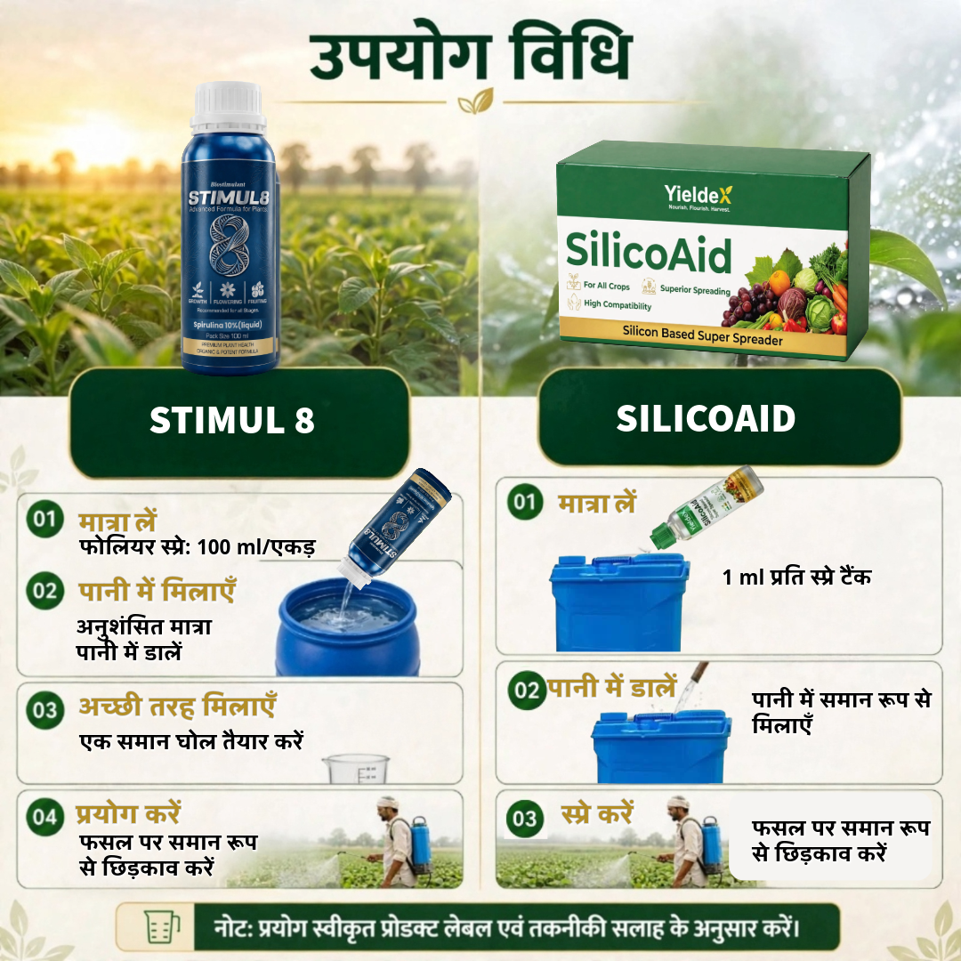 STIMUL 8 + SILICOAID Combo | 10% Spirulina Bio-Stimulant & Silicon-Based Super Spreader | Better Growth, Photosynthesis, Stress Tolerance & Spray Efficiency | All Crops