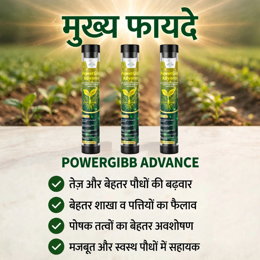 Three PowerGibb Advance plant growth regulator tubes displayed against a blurred green agricultural field background with Hindi text and a checklist of benefits below.