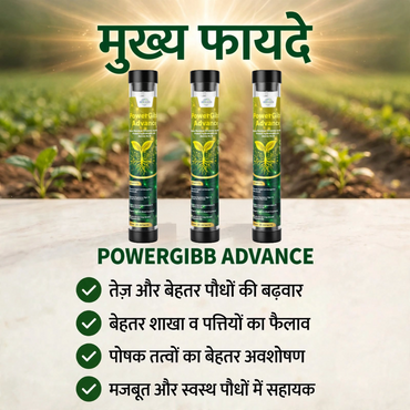 Three PowerGibb Advance plant growth regulator tubes displayed against a blurred green agricultural field background with Hindi text and a checklist of benefits below.